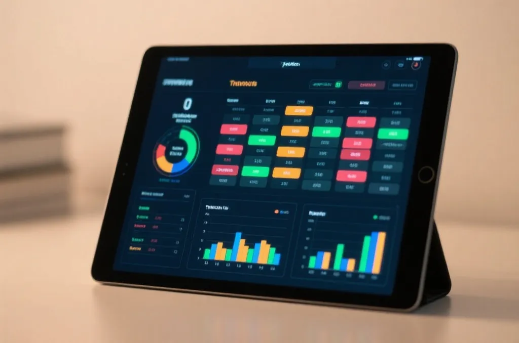 Sports statistics and match scheduling data dashboard on a tablet